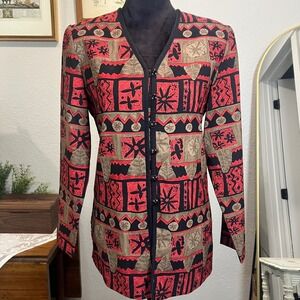 Vintage Joseph Gee Red Black Tribal Geometric Print Longline Blazer 80s 90s